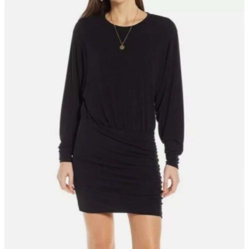 Something Navy Long Sleeve Ruched Detail Mini Dress Black SZ M NEW